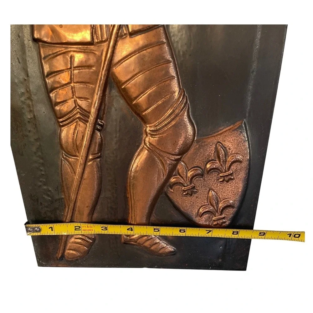 Vintage 3D Medieval Copper Knight Wall Art Plaque Embossed Metal Fleur -De-Lis